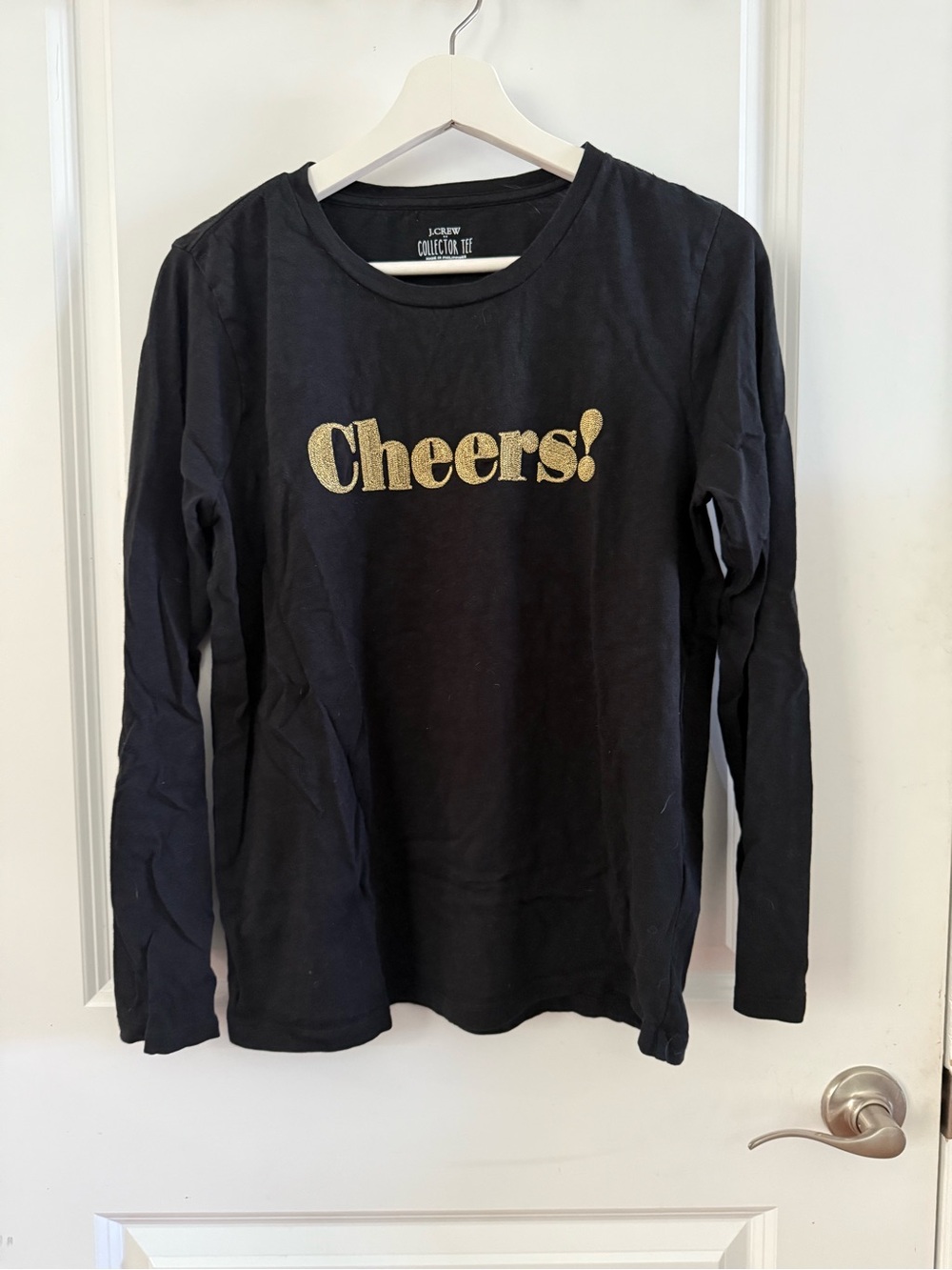 Long-Sleeve "Cheers!" Tee - Black with Gold Glitter Embroidery